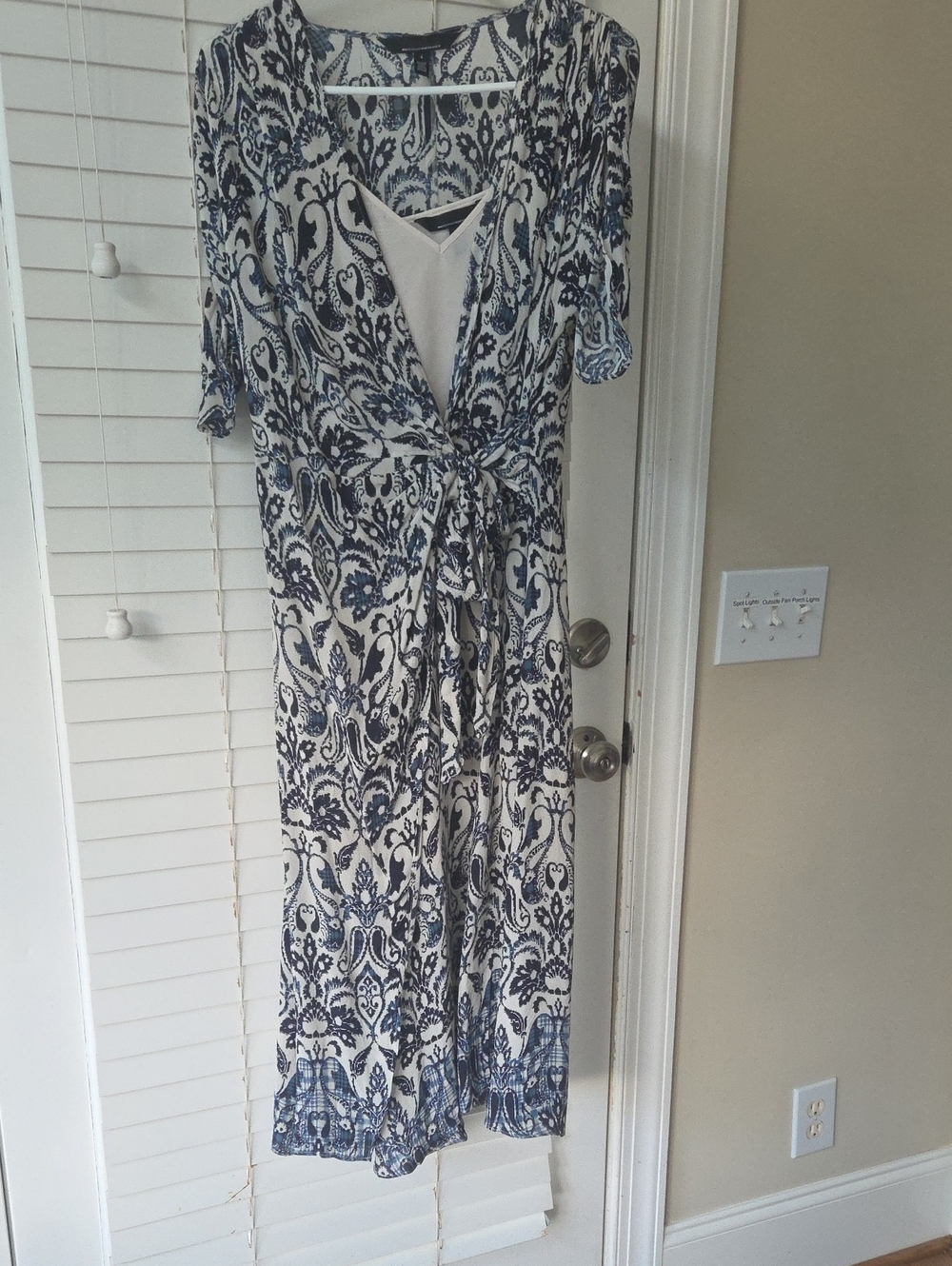 White House Black Market Cream and Navy Printed Dress